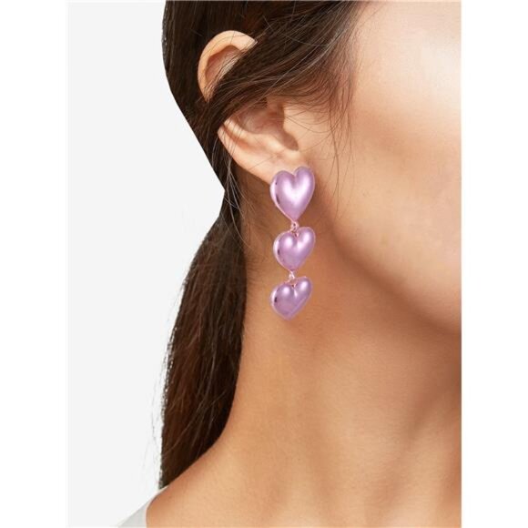 Valentine Day Dangle Linear Pink Heart Drop Earrings for Women Romantic Jewelry - Picture 2 of 4